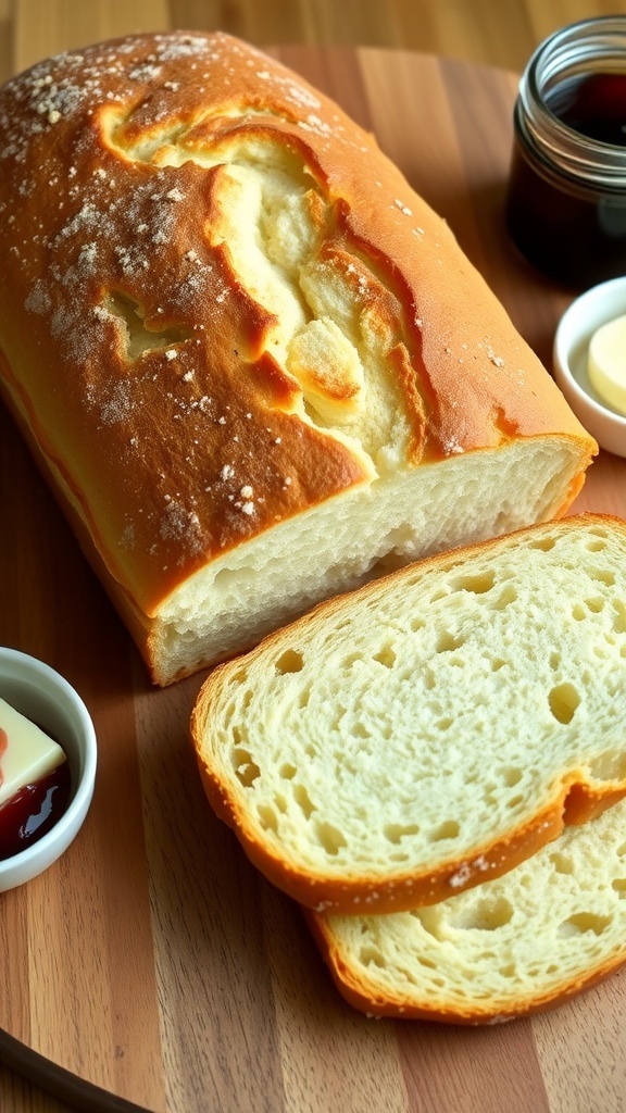 A golden loaf of yogurt bread sliced on a cutting board with butter and jam.